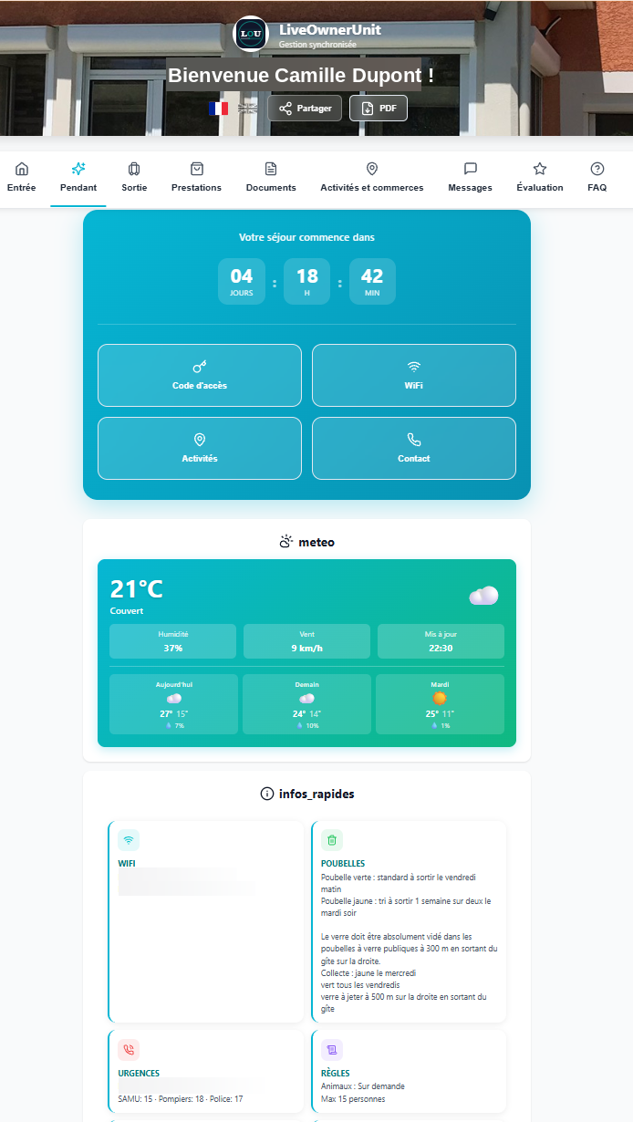 Livret d'accueil voyageur — code d'accès, WiFi, météo, infos pratiques